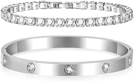 TempBeau 2 Stück Armreif Silber 17/18/19cm, Armband Damen Set für Frauen Mädchen, Armbänder aus Edelstahl mit Kristallen, Tennisarmband Silber mit Zirkonia aus Kupfer für Mutter Ehefrau Freundin