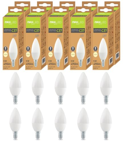 Maxled, Light is Led! 10 Pack E14 LED-Stearinljuslampa 4000K Dagsljusvit C37 Energisparlampa 5W Glödlampa Ersätter 40W Halogenlampa 470Lumen LED Lampa 200° Ljuskälla Ej Dimbarr AC 220-240V