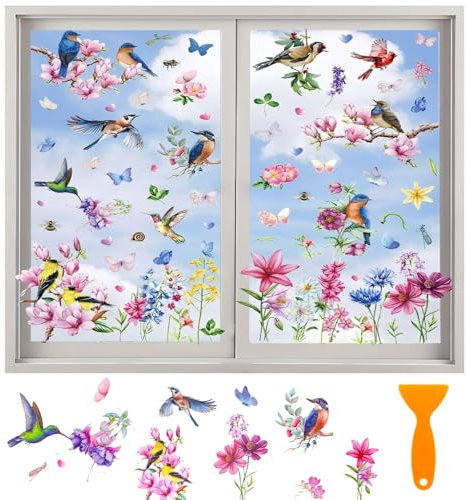 XIATIAN 9 Sheets Spring Summer Window Stickers for Glass, Anti-Collision Window Bird Stickers, Double Sided Window Clings Spring Decorations for Window Glass