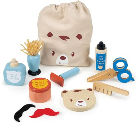 Mentari Toys Frisörset av trä, 12-delat set för barn, inklusive väska, rakkräm, sax, kam och mustascher, främjar fantasifullt spel och finmotorik