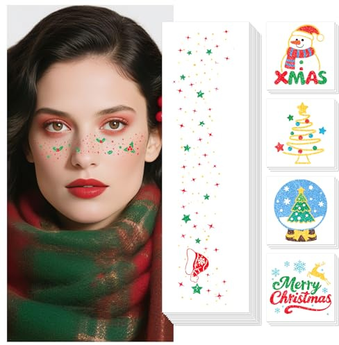 Acevegue Decoración Navideña Tatuaje de Verano Pecas Adultos 40 Hojas, Tatuaje Facial de Gliter Pecas Tatuaje Navideño para Niños, Tatuaje Facial para Festivales Accesorios para Vestimenta de Damas