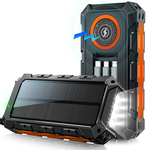 Power Bank 52800mAh Solar Charger 15W Wireless Charging USB-C 30W Fast Charging with 4 Built-in Cables LED Flashlight Battery Pack Compatible with iPhone, iPad, Galaxy, Perfect for Camping
