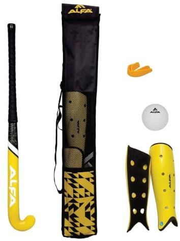 ALFA Composit hockeyset | Gul | Komplett set med kompositracket, skenbensskydd, munskydd, boll och väska | allt-i-ett-hockeyset | Perfekt för nybörjare och avancerade