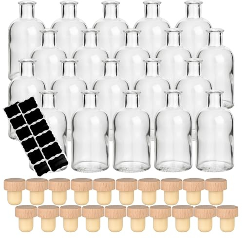 gouveo 20 unidades botellas de vidrio 100 ml (0,1 l) botellas redondas estilo botica (apotecario) con cierre de corcho y etiquetas (AFRT100HGK)