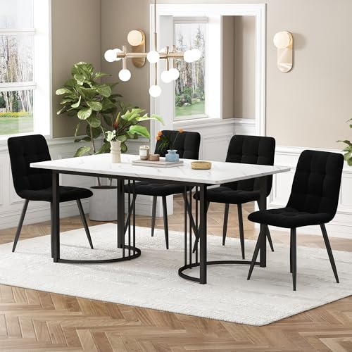 Matgrupp med 4 stolar, set om 5 – modernt matbord med robusta metallben och MDF-bordsskiva i marmorutseende, bekväma sammetsstolar för kök och matsal