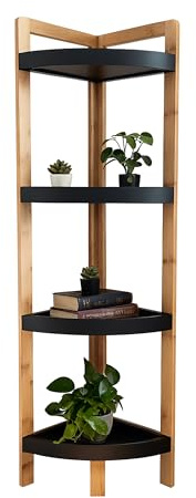 Scaffale angolare Relaxdays in bambù, 4 Ripiani, HLP: 105,5x23x23 cm, per Bagno e Cucina, Naturale/Nero