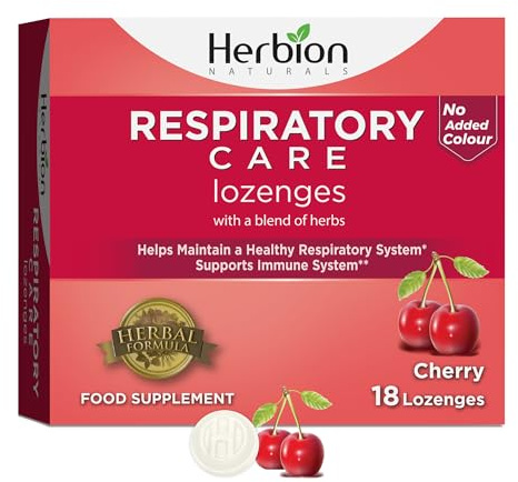 Herbion Respiratory Care Lozenges, Cherry Flavour – Herbal Blend for Throat Comfort & Respiratory Wellness – 18 Lozenges, No Added Colours
