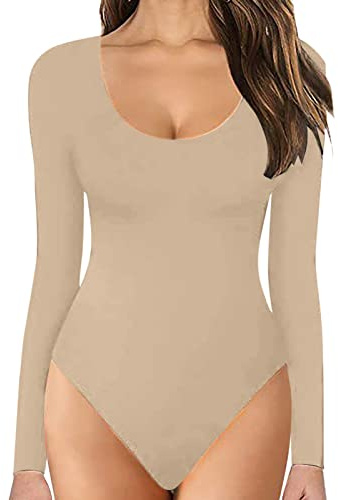 Generisk onepiece dam kort jumpsuit dam vinter, tajt enfärgad yoga set smal passform underklänning långärmad pyjamas rund hals sovskjorta stretch nattkläder bekväma sovkläder elegant onsie, Beige, XL