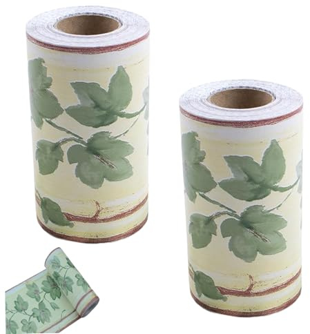 SMELEYOU 2 piezas de papel tapiz con borde de hoja verde, PVC, impermeable, bordes autoadhesivos, para paredes, sala de estar, dormitorio, baño, cocina
