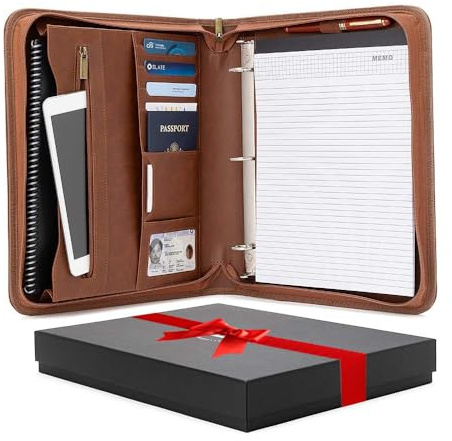 Forevermore Portfolios Padfolio Binder - Professional Faux Leather Travel Organizer Pouch for Tablet, Documents, Removable 3-Ring Notepad - Brown