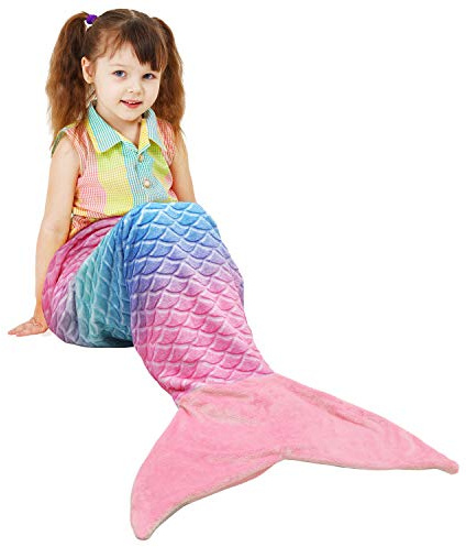 Catalonia Kids Mermaid Tail Blanket, Super Soft Plush Flannel Sleeping Snuggly Blanket for Girls, Rainbow Ombre, Birthday Gift for Daughter