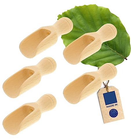 5x Dosier-Schaufel aus Holz, 7,5 cm, Mess-Löffel für Gewürze, Tee, Kaffee & Getreide, sicheres Dosieren, Abwiegen, Befüllen in Vorratsbehältern, Teedosen & Einmachgläsern