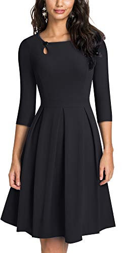 HOMEYEE Damen Vintage Aushöhlen Rundhals Abgefackelt Plissee Cocktailkleid A223 (XXL, Schwarz)