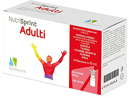 Nutrisprint, 10 Flaconcini 100ml - Aumenta Energia, Forza, Concentrazione – Per Sessioni Allenamenti, Studio o Lavoro Intensi - Contro la Stanchezza - Rhodiola, Taurina, Guaranà, Caffeina - Nutrileya