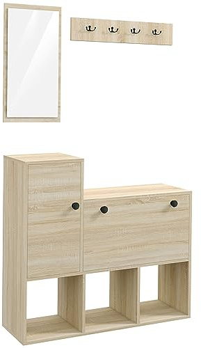 HOMCOM Set Mobili da Ingresso 3 in 1 con Scarpiera per 9 Paia di Scarpe, Appendiabiti a Muro con 4 Ganci, Armadietto e Specchiera in MDF