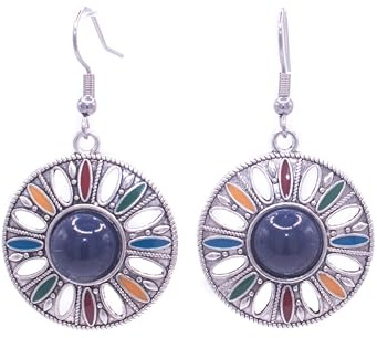 ZARZAMORA Pendientes Bohemio Vintage de PlataTibetana Estilo Antiguo Acero Inoxidable-Aretes Colgantes Redondos Esmaltados Colorido -Pendientes Resina- Regalo Original (Azul)