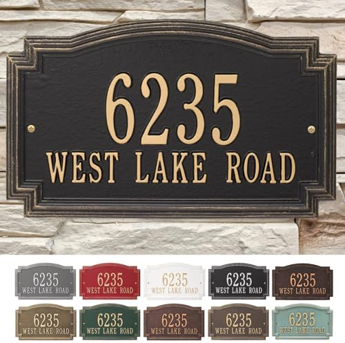 Whitehall Barcelos 3399BG Personalized Plaque Custom Cast Metal House Number Sign, Two-Line Home Number, Aluminum Wall Plaque, Personalized Residence Sign – Black and Gold, 14x8.5 Inches