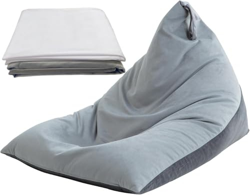 Nobildonna Grey Triangular Velvet Bean Bag Chair Cover with Inner Liner (No Filler), 400L Capacity, 55L x 40W x 38H, Ultra Soft, Machine Washable, Adult Size, Unisex