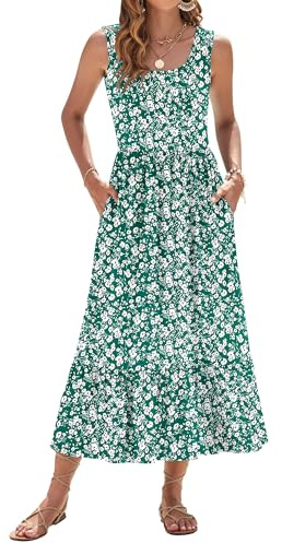 WNEEDU Robe Longue d'été pour Femme sans Manches à Taille Empire Robes de Plage à col en U aérée avec Poches Petite Fleur Verte M