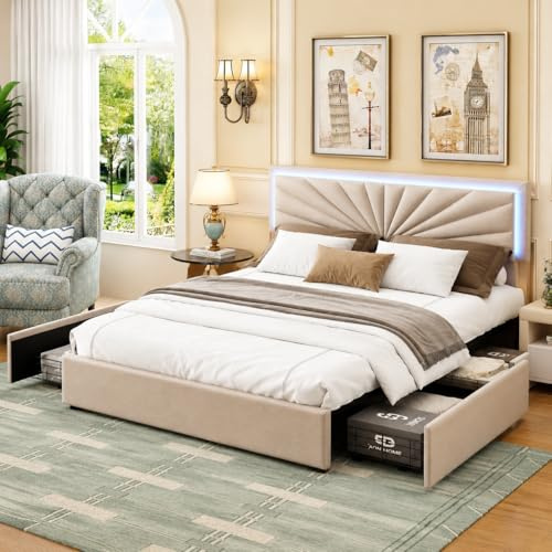 Fofetbfo Cama de 160 x 200 cm con LED y 2 USB Tipo C, Cama Doble con 4 cajones, Camas Doble con cabecero e iluminación LED, somier de láminas (sin colchón) (Beige, 160 x 200 cm)