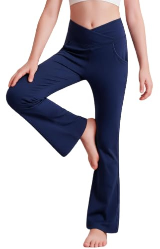 VilyR Girls Flare Leggings Crossover Waist Dance PE Gym Pockets 5-12 Years | Stretch & Comfortable|Soft Touch Fabric|High Rise|Non See-Through|Hard-Wearing|Easy Care|Easy Pull-On