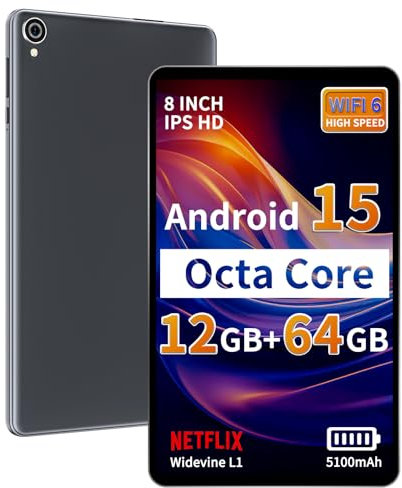 Topsand Tablet Android 15 2025 de 8 pulgadas, procesador Octa-Core, 12 GB de RAM, 64 GB ROM, 2 TB ampliable, pantalla IPS HD de 1280 x 800, WiFi6, BT5.4, Widevine L1, tableta de cámara dual de 5 MP+8