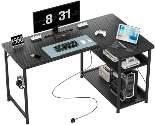 LUCKRACER L Shaped Gaming Desk with Power Outlets, 110 * 80cm Corner Desk with Storage Shelves, Headphone Hook, Black Computer Table for Work Home Office