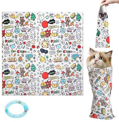 VOSSOT Manta de Sujeción para Gatos Grande 55 x 55 cm con Juguete Gato Donut Azul, Toalla de Cuidado para Cortar Uñas, Aseo, Limpieza y Ayuda para Dar Medicación