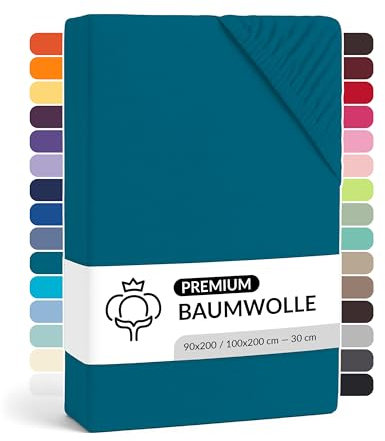 LARAWELL Spannbettlaken 90x200cm Baumwolle, bis 100x200, Petrol, Spannbetttuch Jersey (gekämmt), Matratzenhöhe bis 22 cm, bügelfrei, atmungsaktiv, formstabil