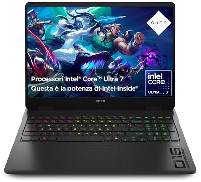 HP OMEN 16-an0002sl, Notebook, Intel Core Ultra 7 255H, 32GB RAM, 1TB SSD, Display 16 2K IPS 165Hz, Antiriflesso, NVIDIA RTX 5060 8GB, Cam TNR 1080p, 3 Mesi di PC Game Pass Inclusi, Windows 11, Nero