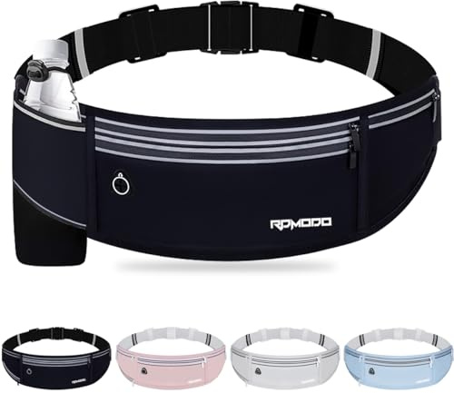 RDMODO Slim Running Belt with Water Bottle Holder, Water Resistant Fanny Packs for Women Men，4 Pockets Running Phone Holder for Walking Cycling, Adjustable Waist Bag for iPhone 17 16 15 Samsung（Black）