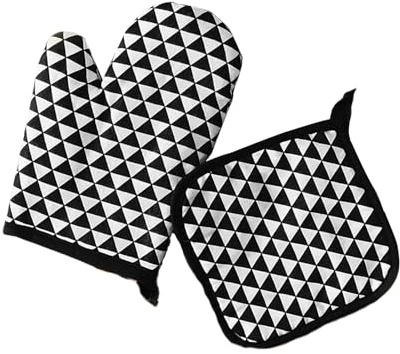 EAZHOP 16x25cm Oven Glove & 17x17cm Pot Holder Set Heat Resistant for Women Small Size Cotton Linen with Non-Slip Grip for Kitchen Baking Cooking BBQ (Black and White Triangular Grid)