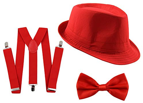 Gangster Kostüm Set für Herren I Hut - Hosenträger - Fliege I Rot I 1920er Mafia Accessoire Outfit