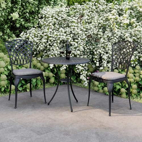 CHARLES BENTLEY Cast Aluminium Bistro Round Table And 2 Chairs Set, Black, Outdoor Table, with Dark Grey Cushions, Garden, Patio, With Central Hole For Parasol, Weatherproof, Armchairs (70x70x68cm)