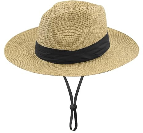 Girls Panama Wide-Brim Floppy Straw Sun-Hat Roll up Foldable Fedora Hat Summer Beach(54cm,5 to9 Years) KhakiSmall