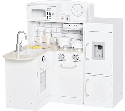 HOMCOM Cocina de Juguete de Madera para Niños de +3 Años con 14 Accesorios Separable Cocinita Infantil con Sonido Nevera Microondas Fregadero Campana 86x64x84,5 cm Blanco
