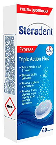 60 Compresse Steradent Express Effervescenti Triple Action Plus per la Pulizia della Protesi Dentaria Sensazione di Freschezza - 1 Confezione