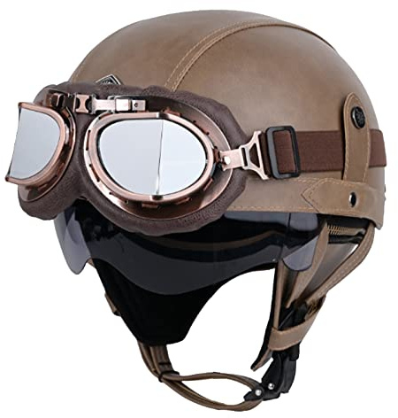 LHBM Rétro Casque Moto Bols,Casques Demi-Jet Homologué Dot/ECE avec Visière UV Lunettes Casque de Moto Cuir Style de Vintage Demi Casque pour Scooter Bike Chopper Moped Casque J,M=57-58cm