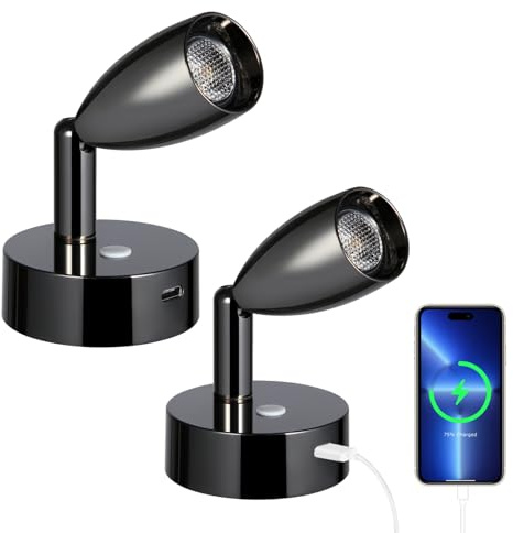 acegoo 12V LED läslampa husbil båt dimbar lampa med laddare typ C väggsäng, dimbar sängsäng, dimbar DC12-24V för båt, kabin, lastbil, husvagn (svart, 2 st)