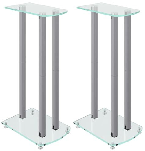 vidaXL Speaker Stands 2 pcs, Speaker Floor Stand Bookshelf Speaker, Monitor Speaker Stand, Modern Style, Silver Tempered Glass 3 Pillars Design