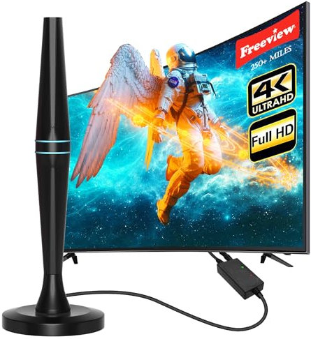 FADISH TV Aerial - Digital Indoor TV Aerial with Amplifier Signal Booster - 250+ Miles Range,Freeview TV Antenna Indoor Support VHF/UHF/DAB Radio/4K/1080P and All TV