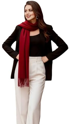 LA FERANI Bufanda de cachemira para mujer, otoño e invierno, 185 x 65 cm, fina, de cachemira, lana, color liso, regalo para ella, rojo oscuro, 185x65