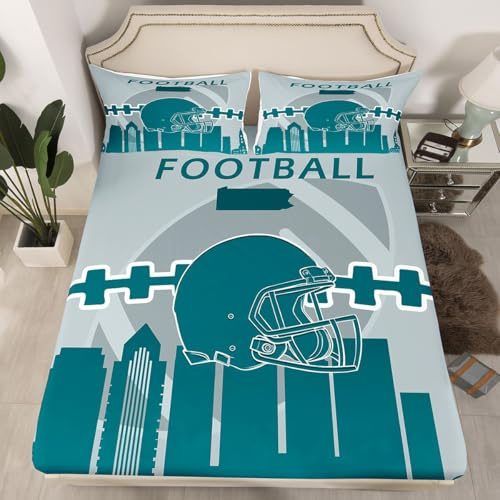 Erosebridal Football Themed Bed Sheets Queen,Football Fans Fitted Sheet for Boys,Sports Lovers Bed Cover,Rugby Bedding Set with 2 Pillowcases Wrinkle Free,Blue