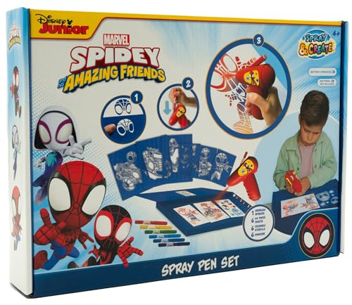 Disney - Marvel - Spidey and his Amazing Friends - Juego de bolígrafos con pulverizador de batería - Aerógrafo para niños - Set para colorear con lápices de colores y páginas para colorear