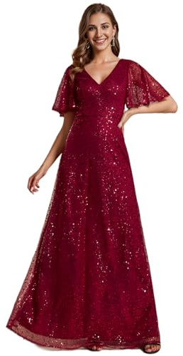 Ever-Pretty Abiti da Sera Lungo Donna Maniche a Volant Paillettes Scollo a V Linea A Stile Impero Vestito Scintillante da Ballo Borgogna 36