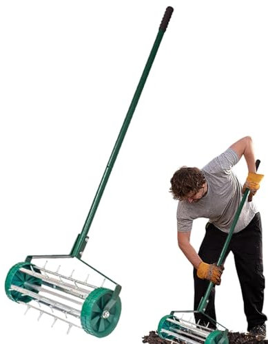 Generisch Aérateur de pelouse roulant avec manche, outil d'aérateur, scarificateur manuel pour l'entretien de la pelouse, aérateur manuel rend l'aération de la pelouse facile, rouleau à pointes