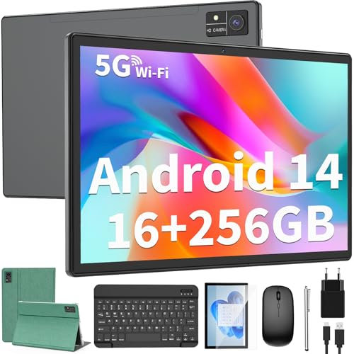 QDDQ Android Tablet,10 Zoll Tablet Android 14 mit Tastatur, 16GB+256GB, 1TB Expand, Octa-Core, 8000mAh, 2.4G/5G WiFi, 1280P FHD, GMS, 2 in 1 mit Tastatur Tasche, Maus, Stylus (Grün)