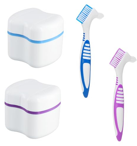 2 Stück Zahnersatz-Reinigungsbürste, Tragbare Reinigungsbürste, 2 Prothese Box, Falsche Zähne Bürste, Zahnprothesenbürste, Prothesenbürste Doppelter Kopf, Prothesenzahnbürste Bürste (lila, blau)