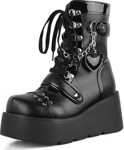 Accloris Black Platform Ankle boots for Women Goth Rave Boots Kawaii Shoes High Heel Round Toe Zipper Wedges Mid Calf Booties