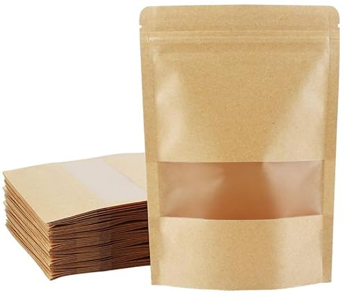 100 sacchetti di carta kraft con finestrella, 10 x 15 cm, colore marrone, per alimenti, caffè e snack, richiudibili
